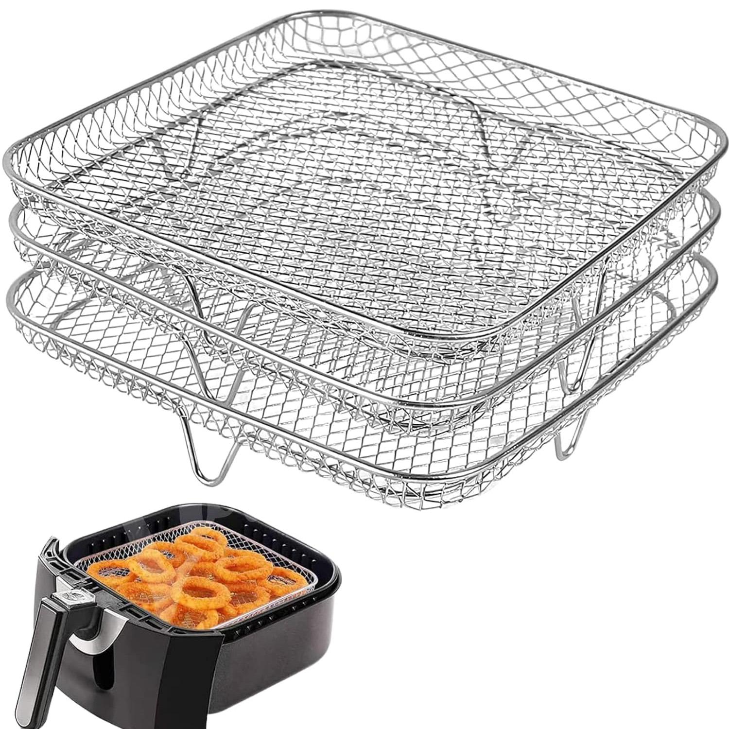 Drie stapelbare luchtfriteuse rek ovens rekken roestvrijstalen mand lade luchtfriteuse accessoires keukengadgets bakgereedschap: Marineblauw