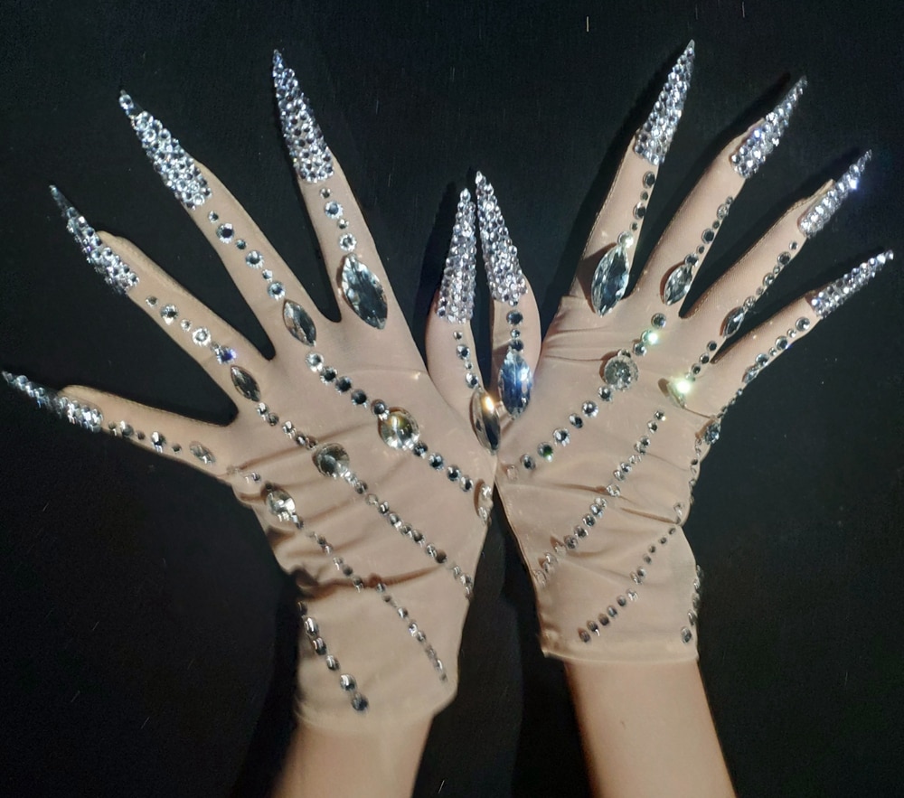 Luxurious Rhinestone Pearls Gloves Women Sparkly Crystal short Gloves Dancer Singer Nightclub Stage Performance Show Accessories