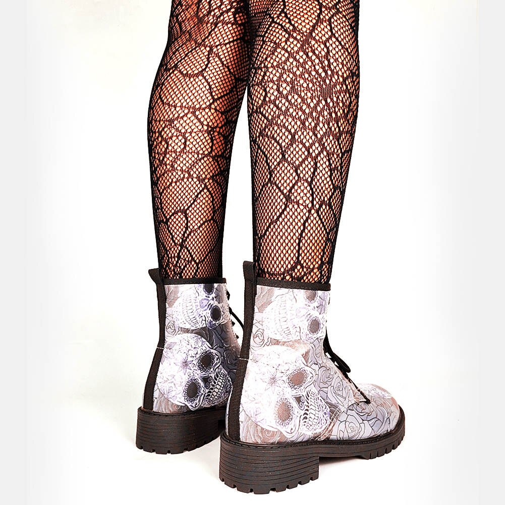 INS Female Skull Punk Motorcycle Boots Lace Up Round Toe Punk Cool Gothic Boots Women Stylish Big Size 43 Shoes Woman