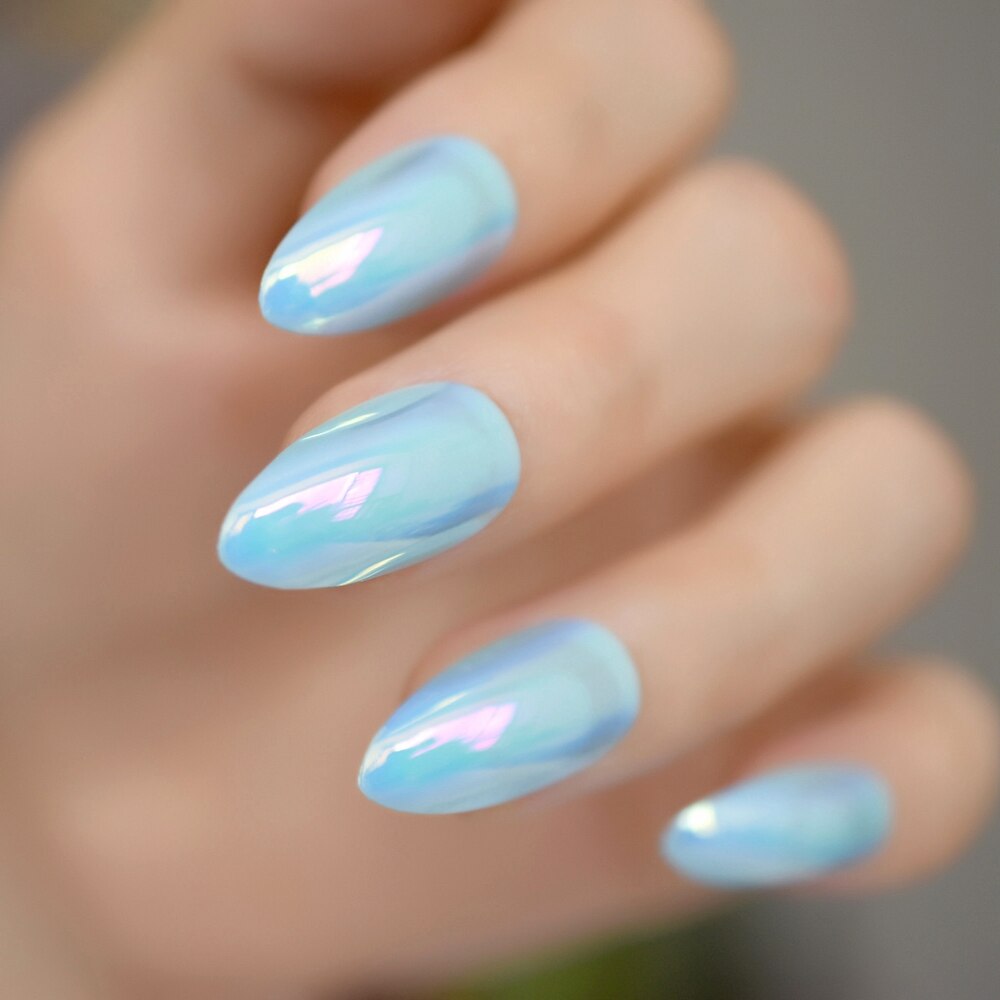 Céu azul holográfico unhas falsas stiletto, médio cromado espelho de plástico curva brilhar it a unha com cola: Z859
