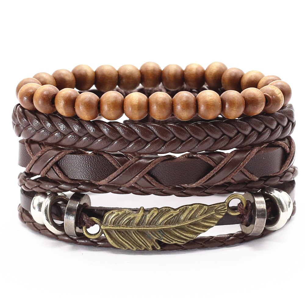 Pulseras de cuero Vintage en negro y marrón para hombre y mujer, ganchos de aleación de bronce para plumas, Charm Wood de búho, cuentas, joyería: style 3