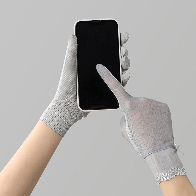 Gants d&#39;été fins en soie glacée pour femmes, dentelle Sexy, écran tactile, protection solaire, gants Anti-UV, antidérapants, fleurs délicates respirantes