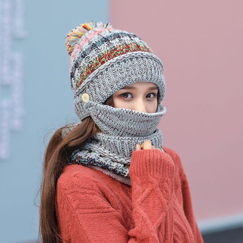 Neue Winter Plus samt gestrickte Hütte, schal, maske, drei-stück anzug, reiten winddicht gesicht und ohr schutz dicken woll Hütte: Grau