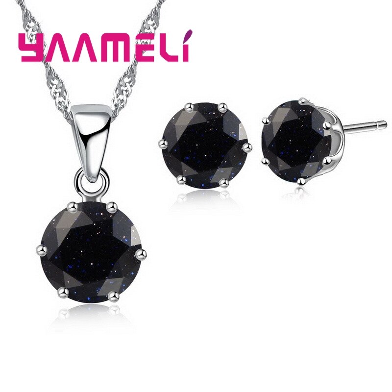 925 Sterling Zilveren Bruids Bruiloft Sieraden Sets Voor Vrouwen Engagement Crystal Hanger Ketting Oorbellen Set: black