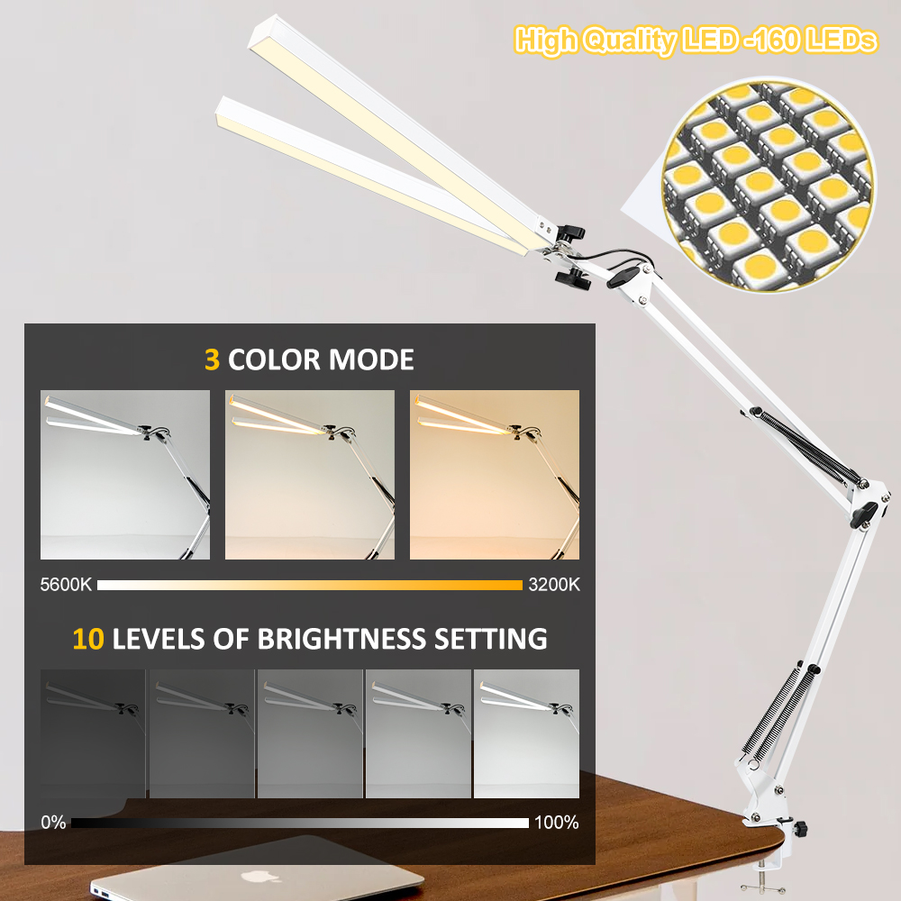 Lâmpada de mesa LED 2 em 1 24W mais brilhante com lâmpada de mesa com braçadeira braço oscilante flexível 3 modos de cor Stepless regulável cabeça dupla
