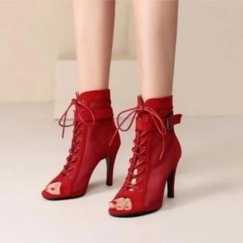 Neue edle hochwertige Jazz-Tanzschuhe für Damen, sexy rote Absätze, Stiefeletten, Peep-Toe-Reißverschluss, Indoor-Tanzsandalen