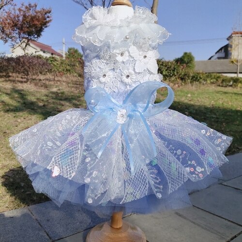 Vestido de lujo con lentejuelas y lazo para perro, vestido de princesa de color azul claro y rosa, a la , tutú de boda para perros pequeños: light blue / XL