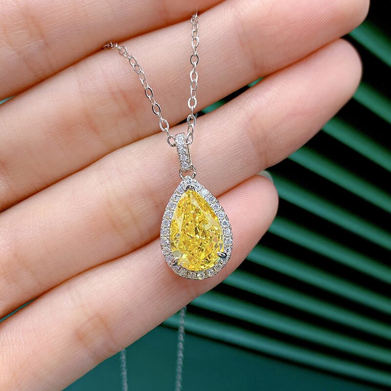 OEVAS 100% 925 Sterling Silver 8*12mm Yellow Water High Carbon Diamond Pendant Necklace For Women Sparkling Fine Jewelry