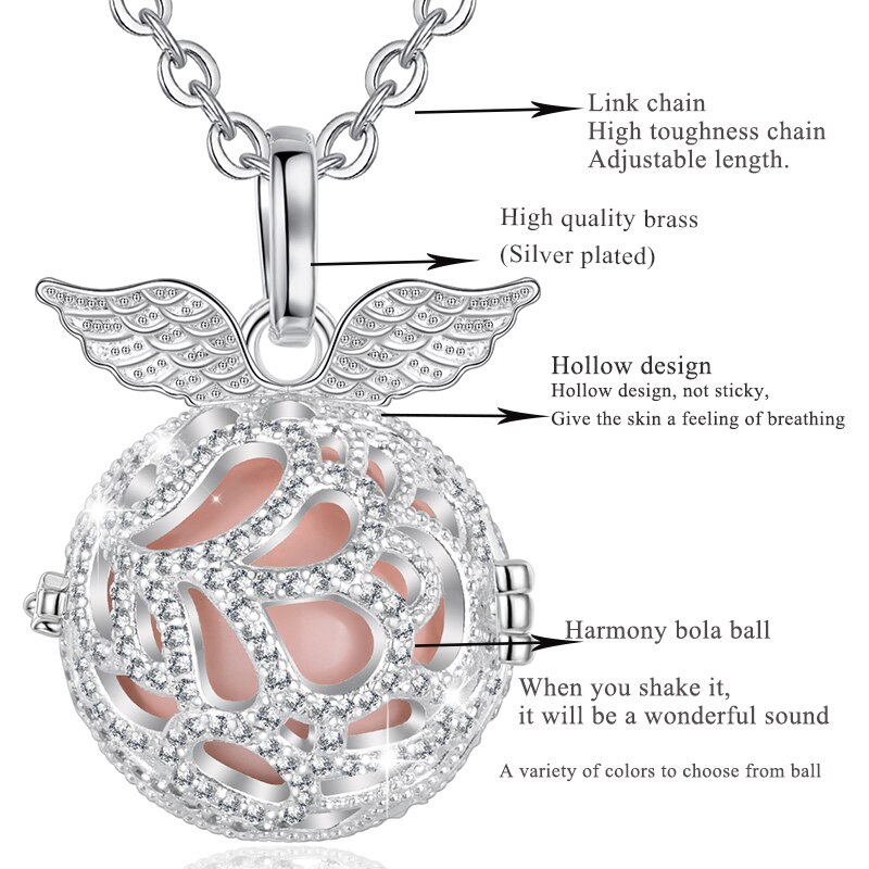 Angel caller 18mm Wing Harmony Bola Ball Crystal Ball CZ Cage Pendant long Necklace DIY Chime Ball For Pregnant woman baby K380