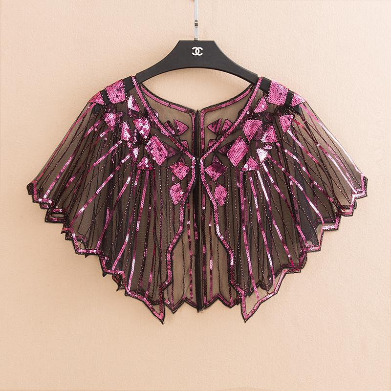 Châle de mariée , 16 couleurs, enveloppe en dentelle noire, boléro Cape courte pour femmes, paillettes scintillantes, veste d'été en dentelle noire: rosered
