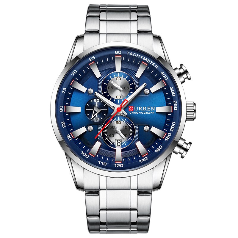 Curren Horloge Voor Mannen Top Black Gold Quartz Sport Horloge Heren Chronograaf Klok Datum Roestvrij Staal Mannelijke Horloges: Silver Blue