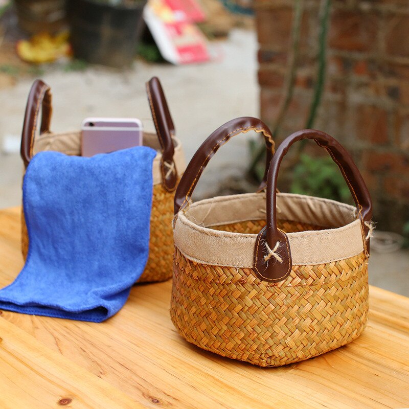 Cesta de mimbre hecha a mano con asa, Mini cesta de almacenamiento, cesta tejida Vintage para algas, maceta, jarrón, contenedor para artículos varios