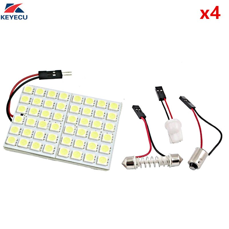 KEYECU 4PCS 12V White 5050 48-SMD LED Panel Dome Light Lamp With T10 BA9S Festoon Adapter