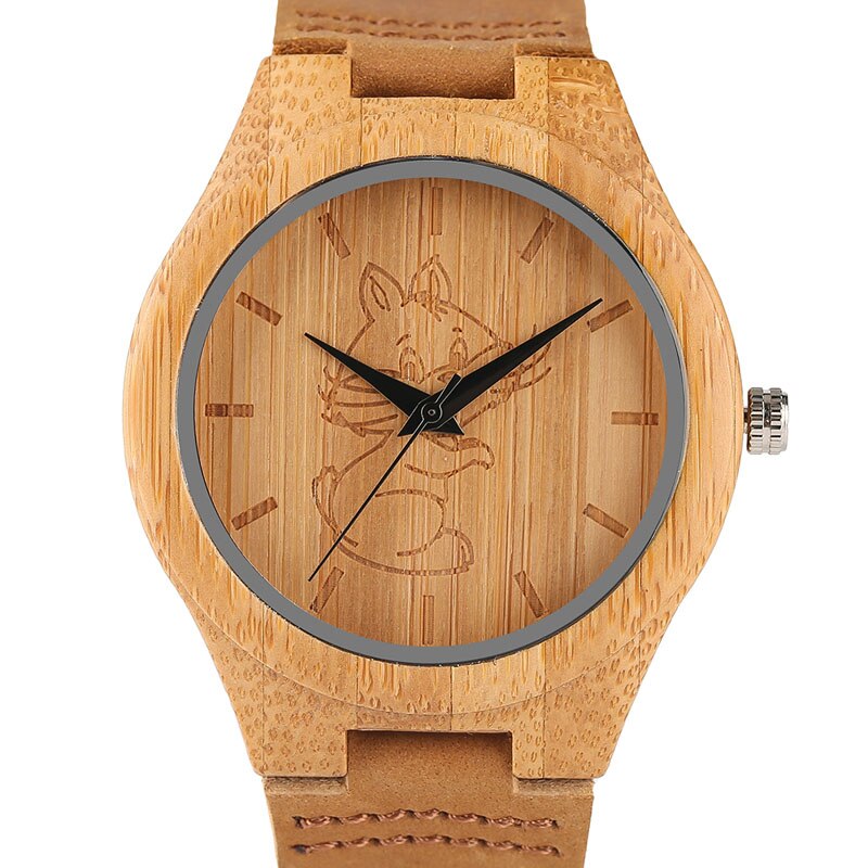 Mannen Hout Horloge Natuurlijke Bamboe Houten Handgemaakte Lichtgewicht Quartz Horloge Kat/Hond Patroon Leuke Dier Klok
