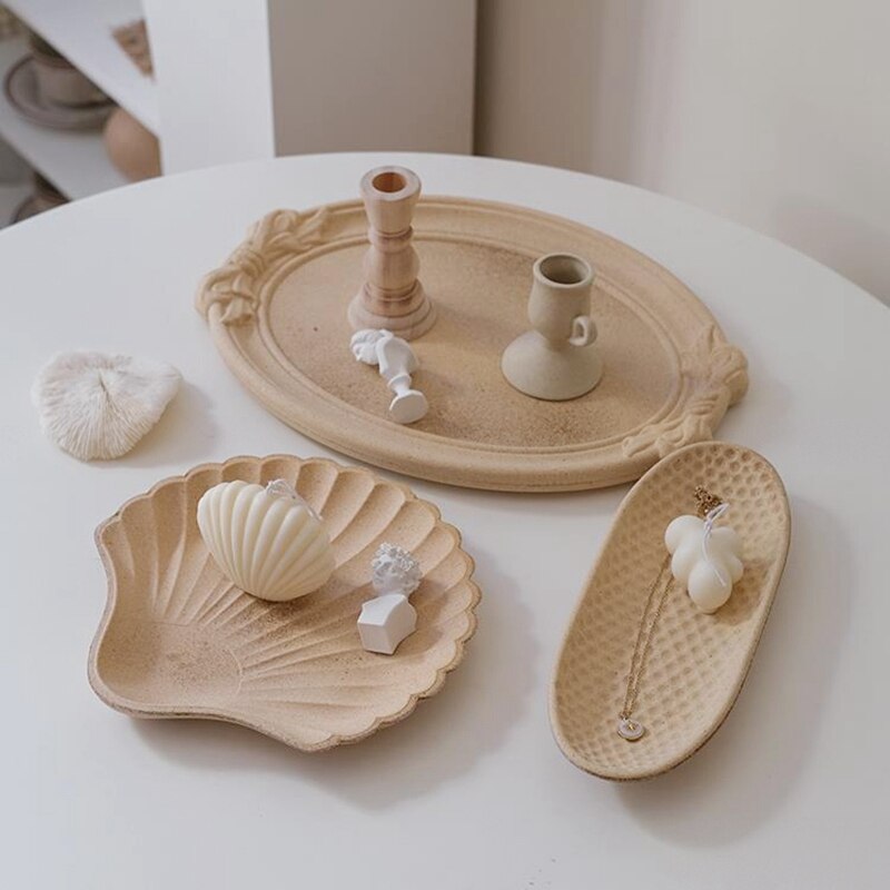 Retro Wooden Storage Tray Carved Shell Trays Earring Pendant Jewelry Plates Holder Snack Bread Candy Storage Organizer