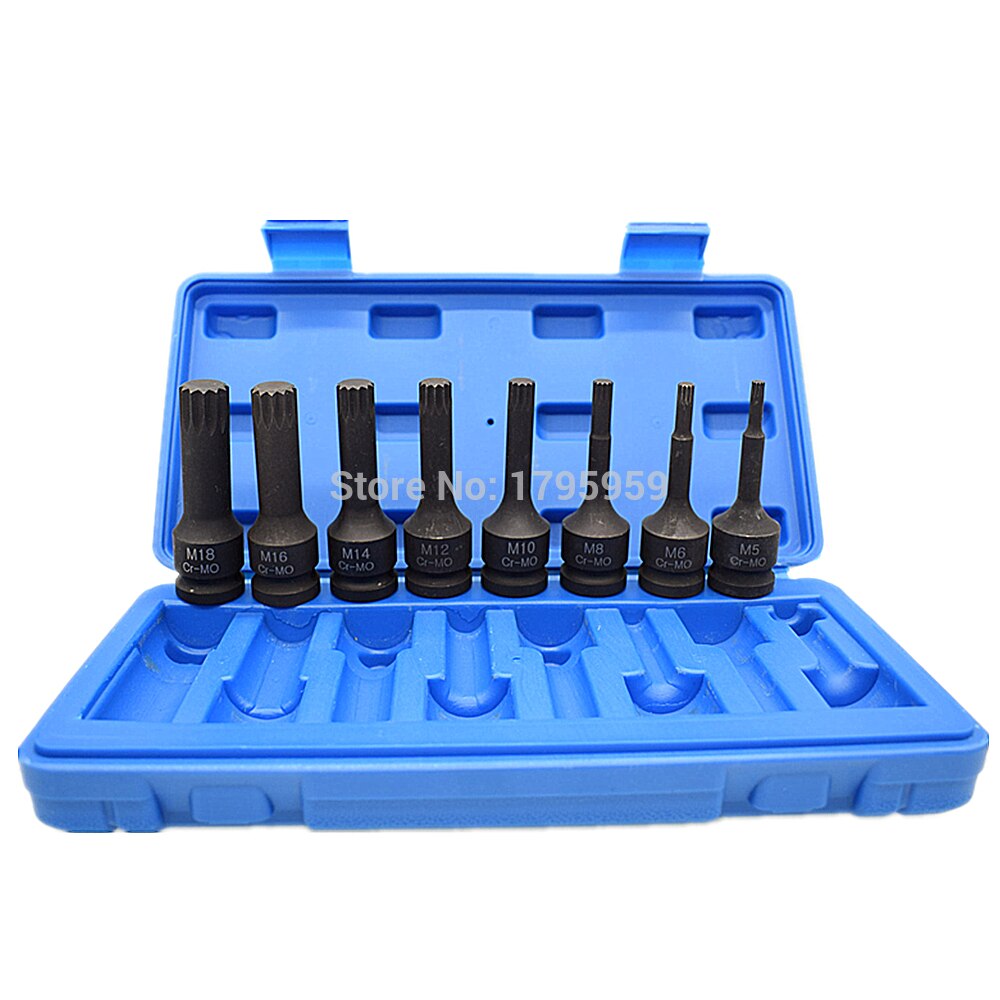 1/2" Square Drive Spline Impact Socket Bit Tools 8 Piece Set M5 M6 M8 M10 M12 M14 M16 M18 CR-MO Ratchet Bit Socket Screwdriver