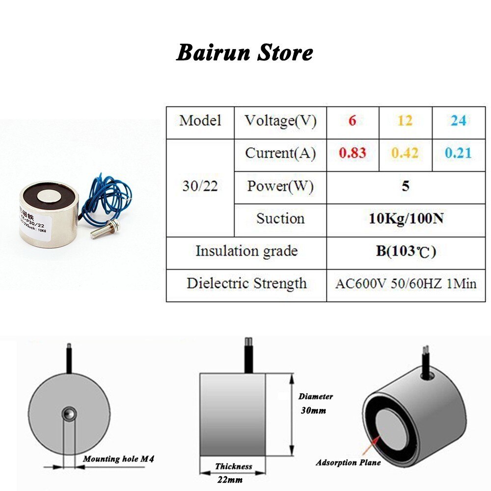 30*22mm Zuig 10KG 100N DC 5 V/12 V/24 V Mini solenoid elektromagneet elektrische Lifting electro magneet sterke holder cup DIY 12 v