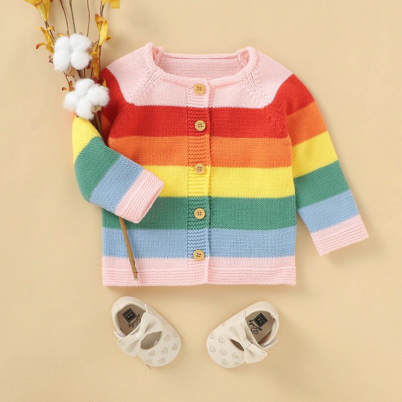 Bébé enfants pull automne hiver enfant en bas âge fille Cardigan tricoté bébé rayé arc-en-ciel manteau enfants filles Sweater23