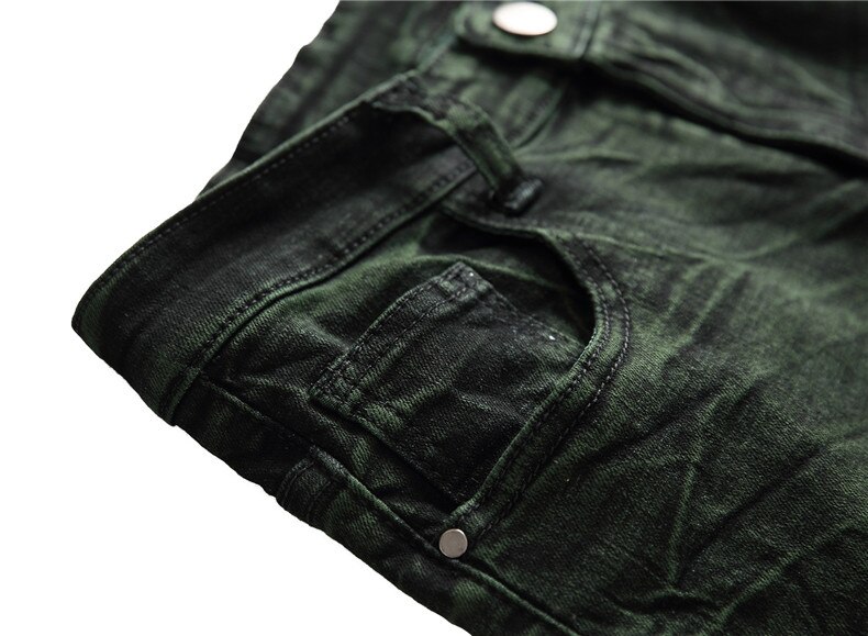 Los hombres de los pantalones vaqueros verde Hip Hop pantalones vaqueros de motorista delgados destruido Fry copos de nieve Slim Fit pantalones de elástico Streetwear 6671
