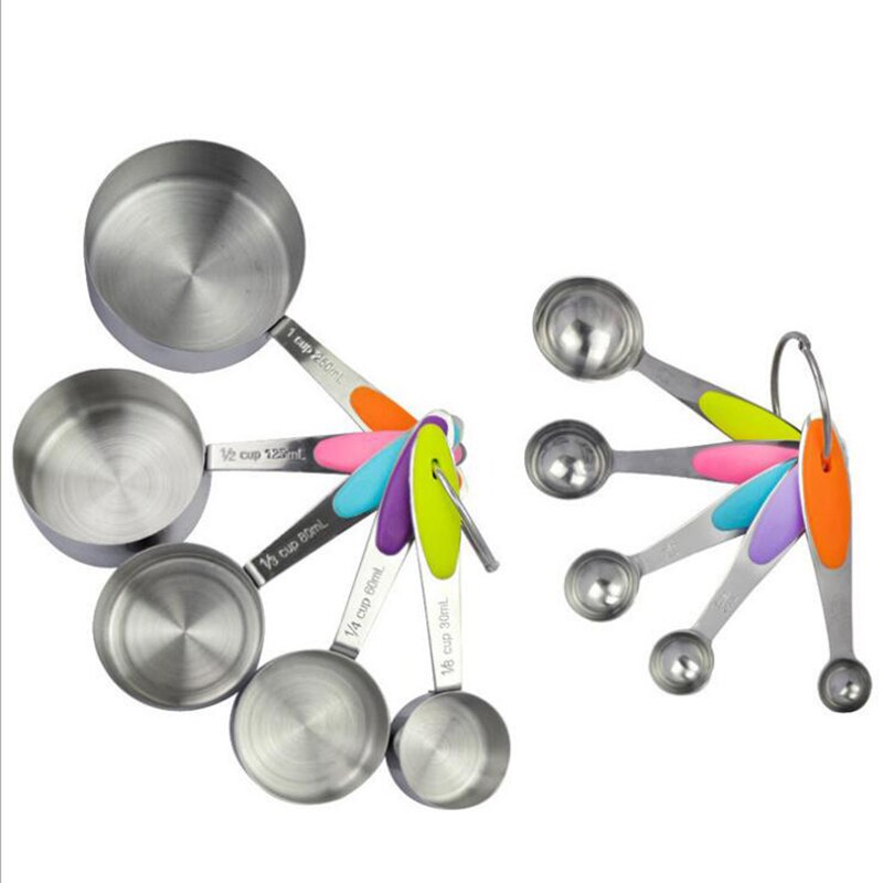 Juego de cuchara medidora de acero inoxidable reutilizable, 1/4, 1/2, 1 Tsp para secado y líquido (5 cucharas + 5 tazas)
