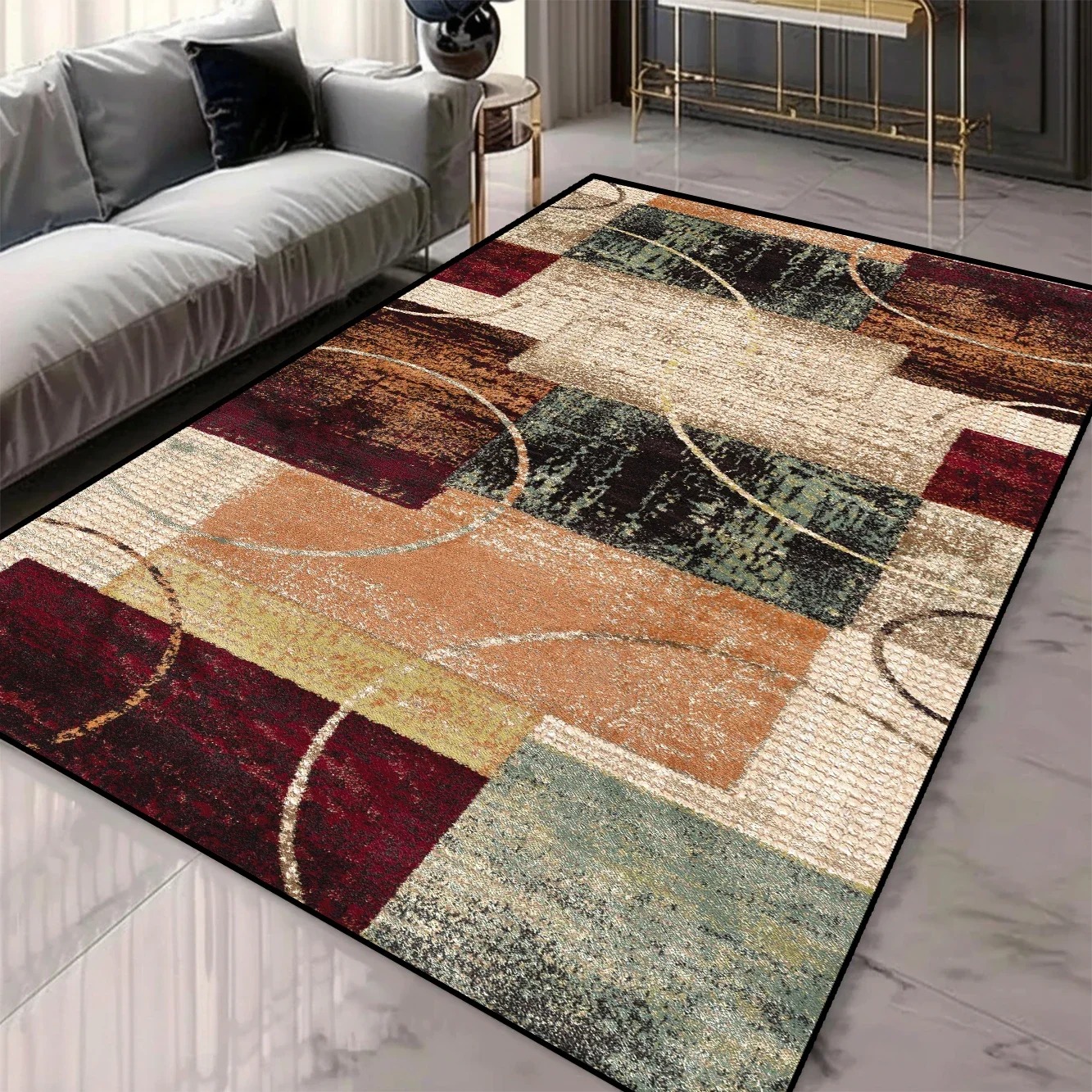 Tapis de zone 3D à motifs géométriques pour décoration de salon et de chambre à coucher Tapis lavables avec support antidérapant Tapis d'inspiration européenne