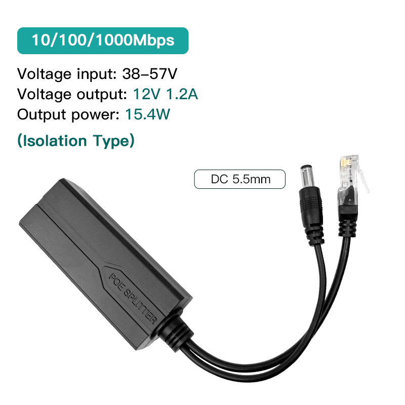 Standard POE Splitter 48V to 5V 12V 1.2A 2A Micro USB tpye-C 100M/1000M POE Camera Injector Power Supply for Huawei Hikvision: black / 3M