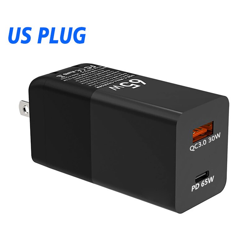 PD65W Gan Usb 2Port Fast Charger Type C QC4.0 3.0 45W/20W Quick Charger Adapter Voor macbook Samsung IPhone12 Huawei Xiaomi: Black US