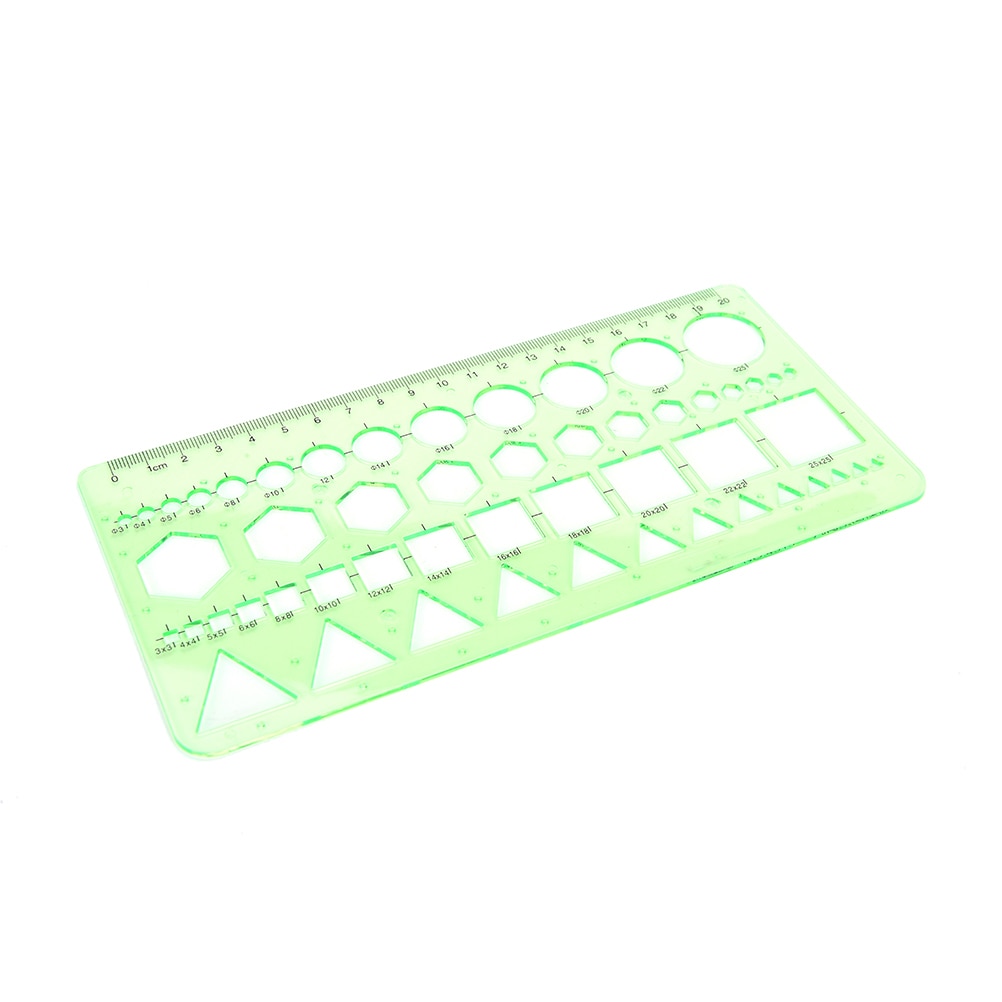 0-20cm Green Plastic Circles Squares Hexagons Geometric Template Ruler