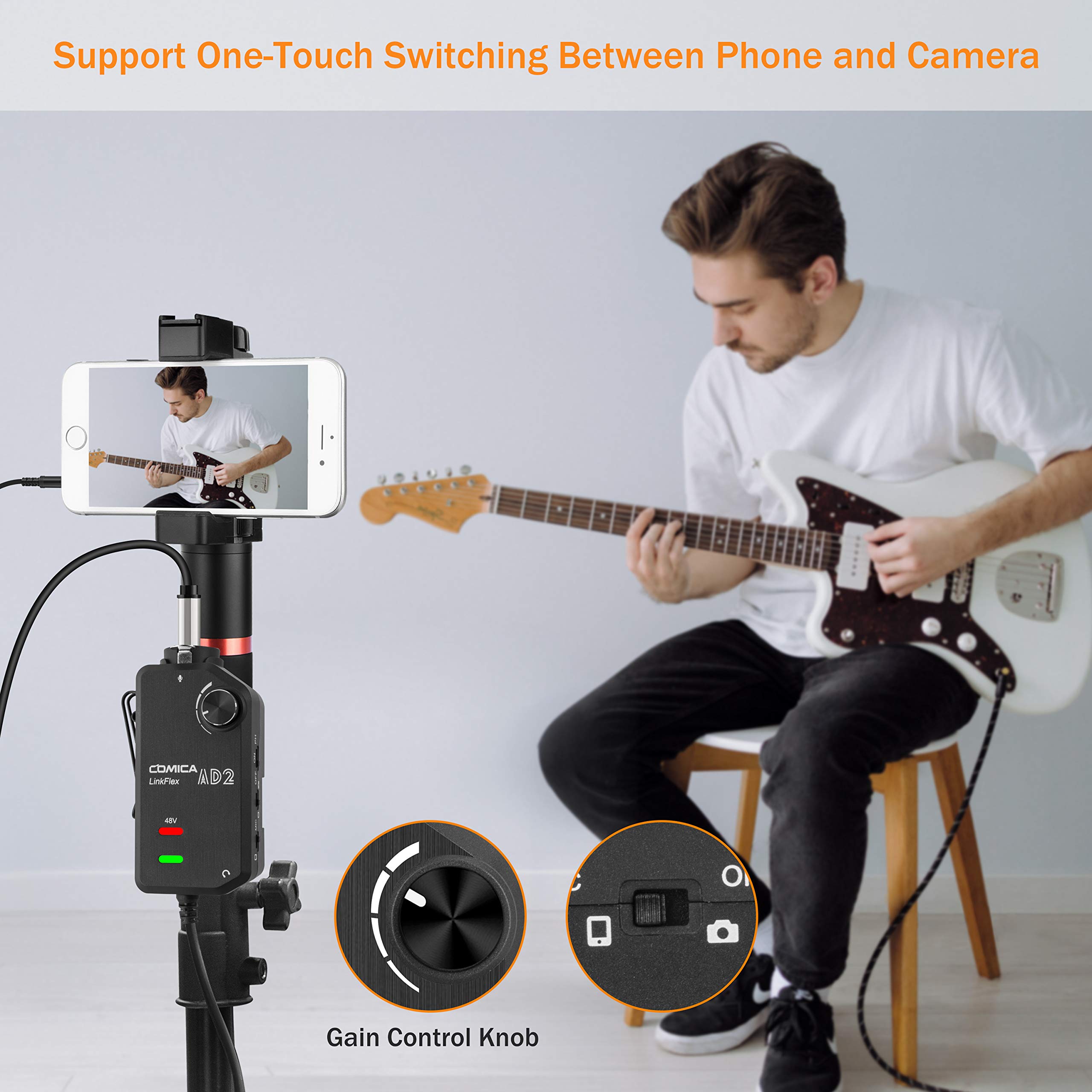 COMICA Linkflex AD2 Audio Interface 6.35mm Guitar Interface with Phantom Power For iPhone,iPad, iPod, Android, Nikon, Canon