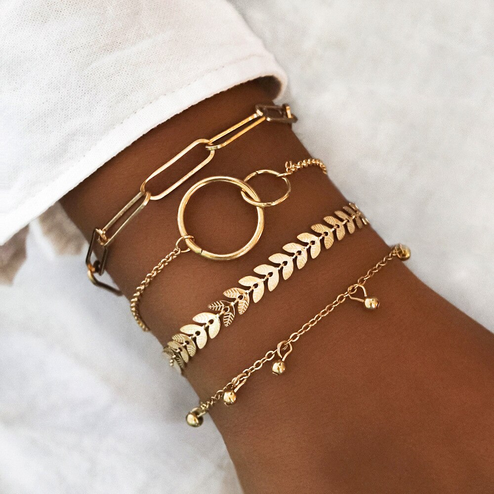 Diezi 4 Stks/set Bohemian Gouden Ketting Armbanden &amp; Bangles Vintage Overdrijving Kralen Armband Voor Meisjes Vrouwen Sieraden: gold beads circle
