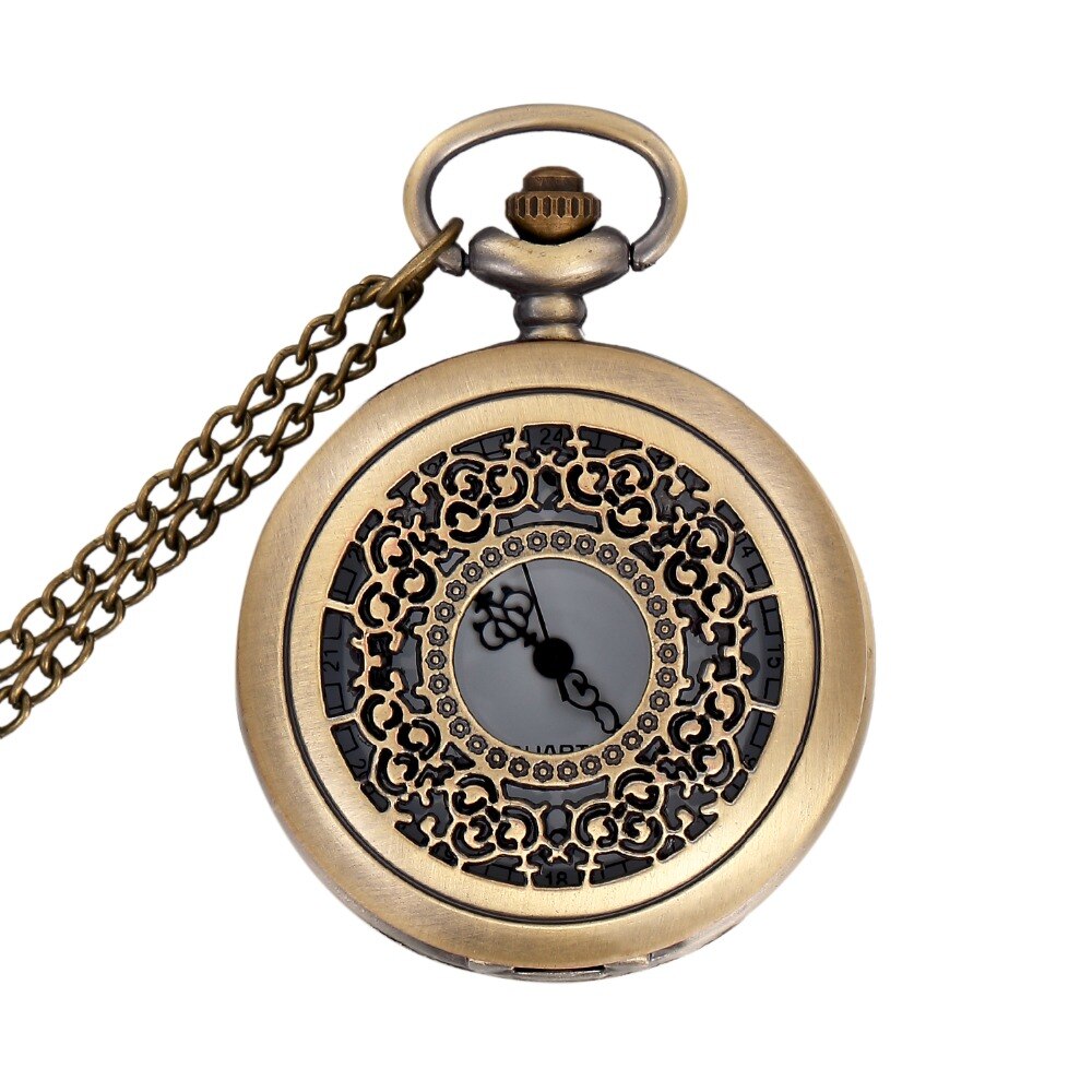 Steampunk Hollow Pattern Quartz Pocket Watch Necklace with Chain Pendant Women Ladies Girl Best Fob Watch: bronze