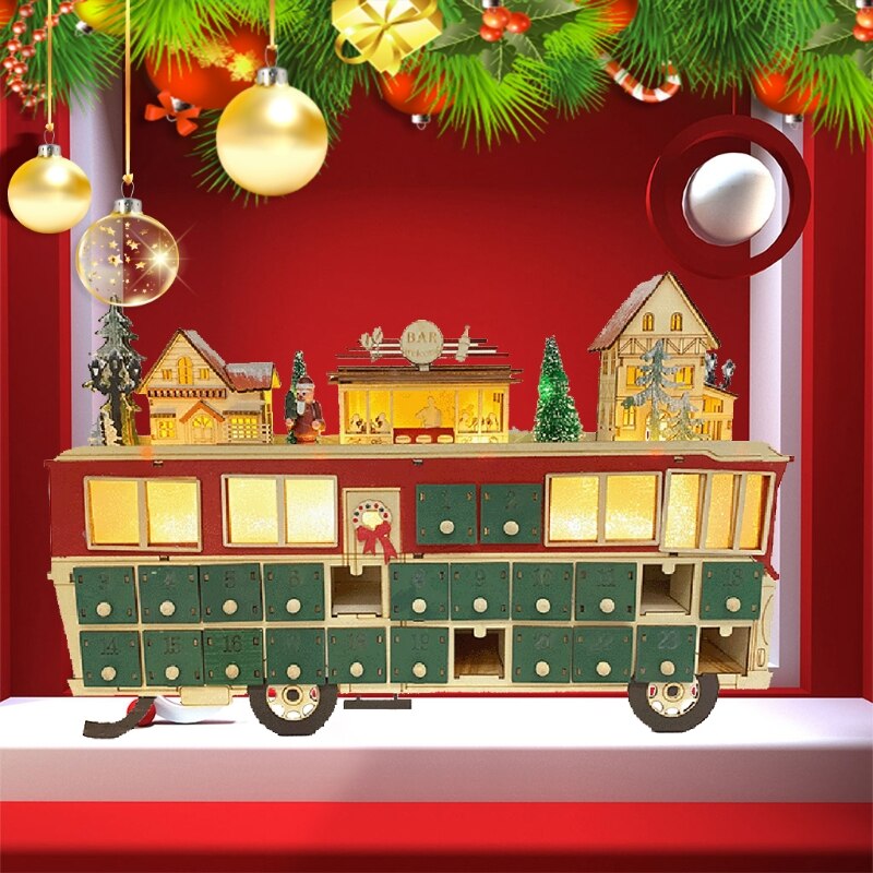 Kerst Houten Advent Kalender Bus Ornament Met Lades Led Light Up Dorp Scène 24 Dag Countdown Xmas Tafel Top