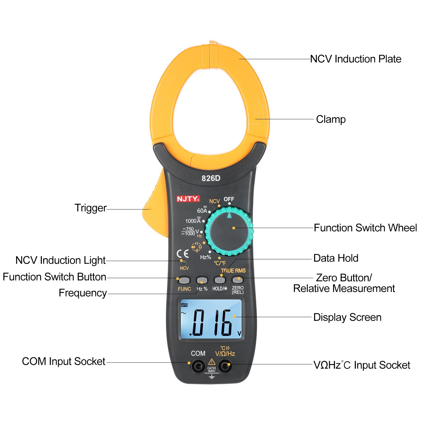 NJTY Digital Clamp Meter 6000 Zählt Auto Range Multimeter mit NCV Test AC/DC Spannung, AC Strom Multimeter clamp meter tester