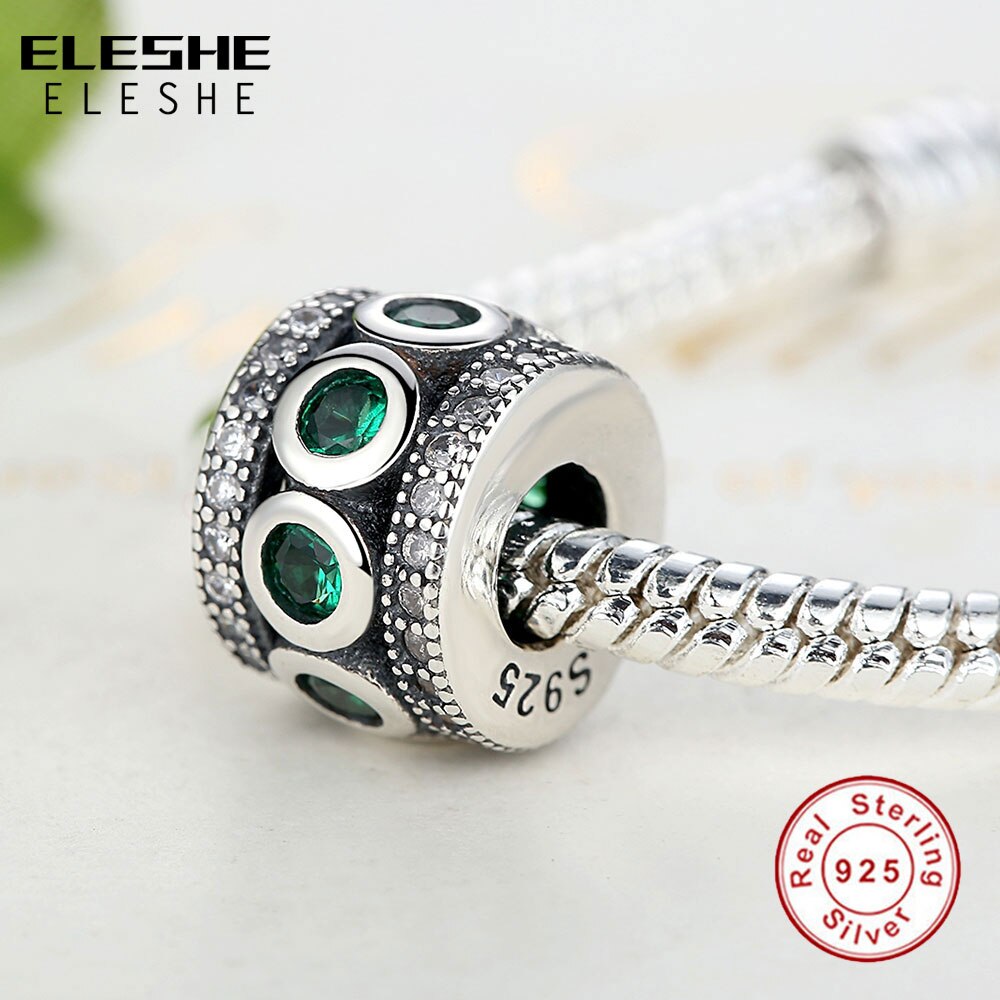 ELESHE Authentische 925 Sterling Silber blendend Zirkonia Grün Stein Runde Reize passen Ursprüngliche Armbinde Korn Schmuck DIY Herstellung