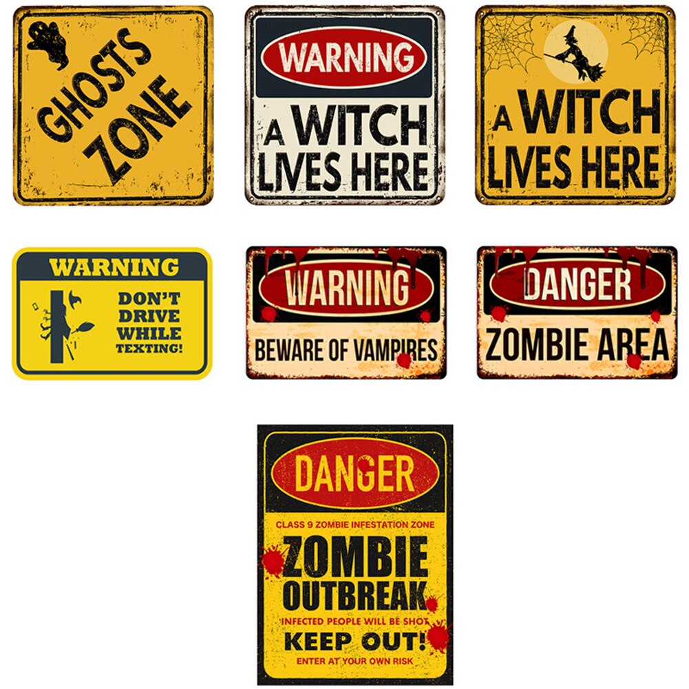 Halloween-skilt plakett advarselsetiketter vintage blikkskilt veggdekor for fest pubklubb huletinnplater grufulle skilt avtagbare