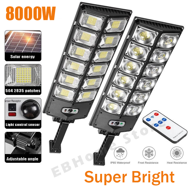 8000W 504LED Solar LED Street Light Waterproof PIR Motion Sensor Smart Remote Control Lamp Outdoor Garden Security Wall Light