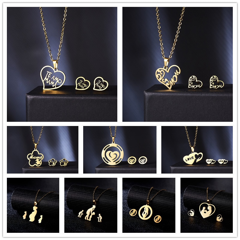 Rinhoo-Conjunto de joyería para el día de la madre, colgante de acero inoxidable con forma de corazón, rosa, flor, collar, pendientes, de Acción de Gracias para mamá