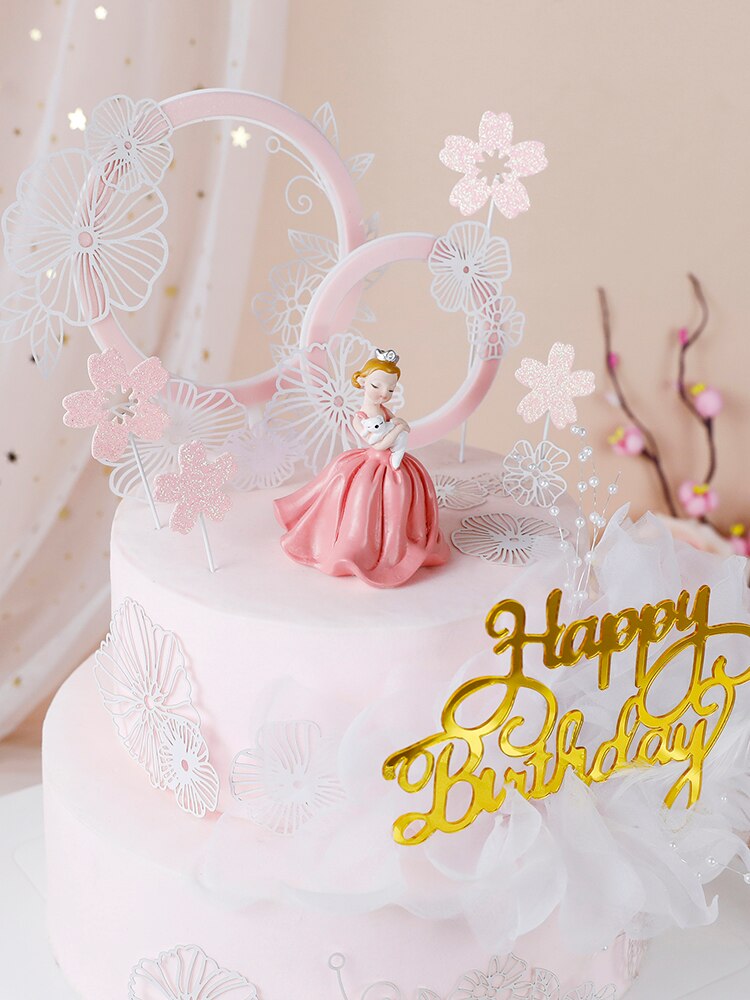 Mooie vrouw meisje kroon kant bloem acryl roze taart topper gelukkige verjaardag bruiloft feest decoratie liefde