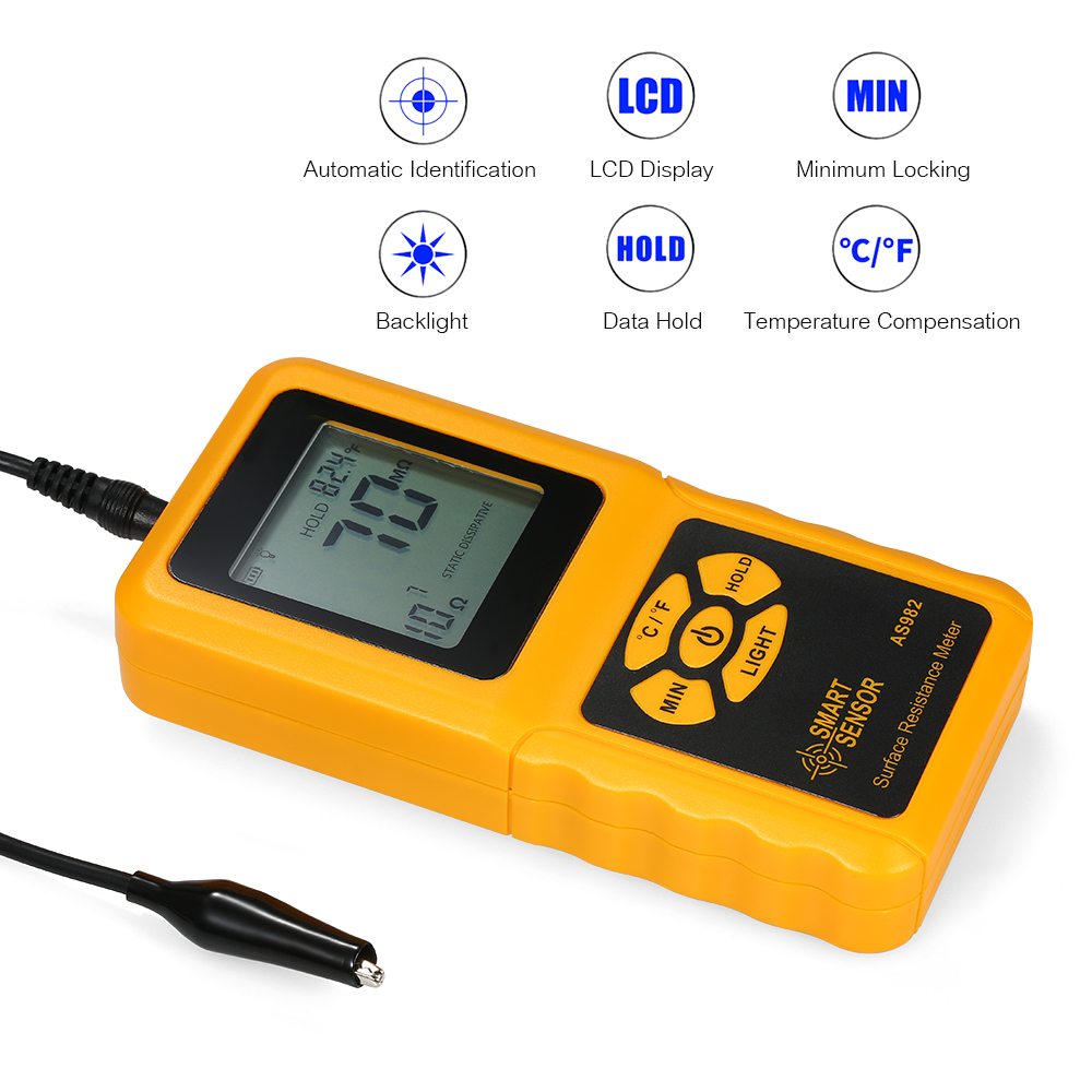 SMART SENSOR Handheld LCD Surface Resistance Meter Tester with Temperature Measurement and Data Holding Function