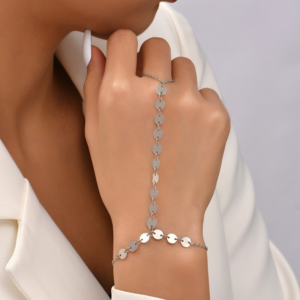 Silber Überzogene Metall Flache Runde Rabatt Kette Verknüpfung Hand nutzbar machen Armbänder 2022 Neue Ketten Anschluss Armbinde Finger Ring Frauen: Ursprünglich Titel