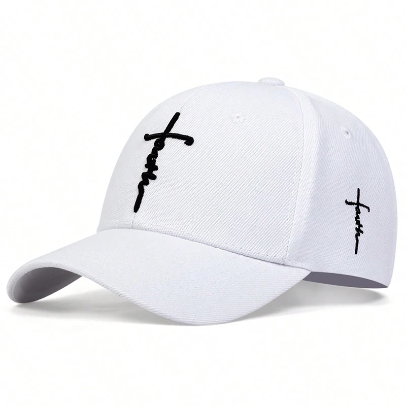 Gorras de béisbol con bordado de cruz y letras Unisex, gorras informales ajustables para exteriores, gorra deportiva con protección solar para primavera y otoño: Blanco