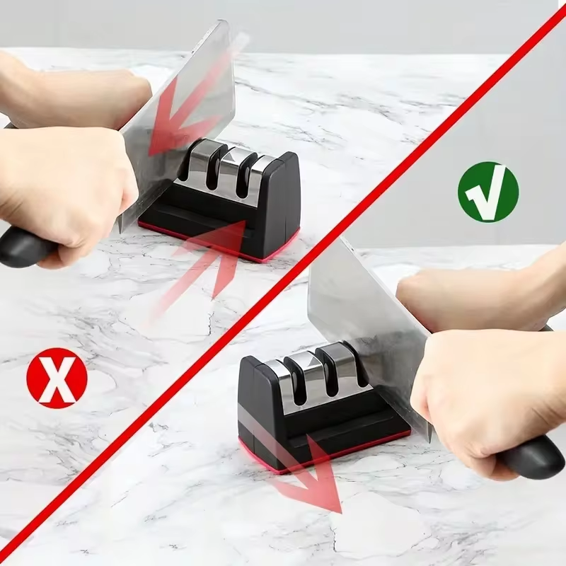 Afilador de cuchillos de cocina de 3 segmentos, multifuncional, de mano, de 3 usos, piedra afiladora negra, utensilio para cuchillos de cocina