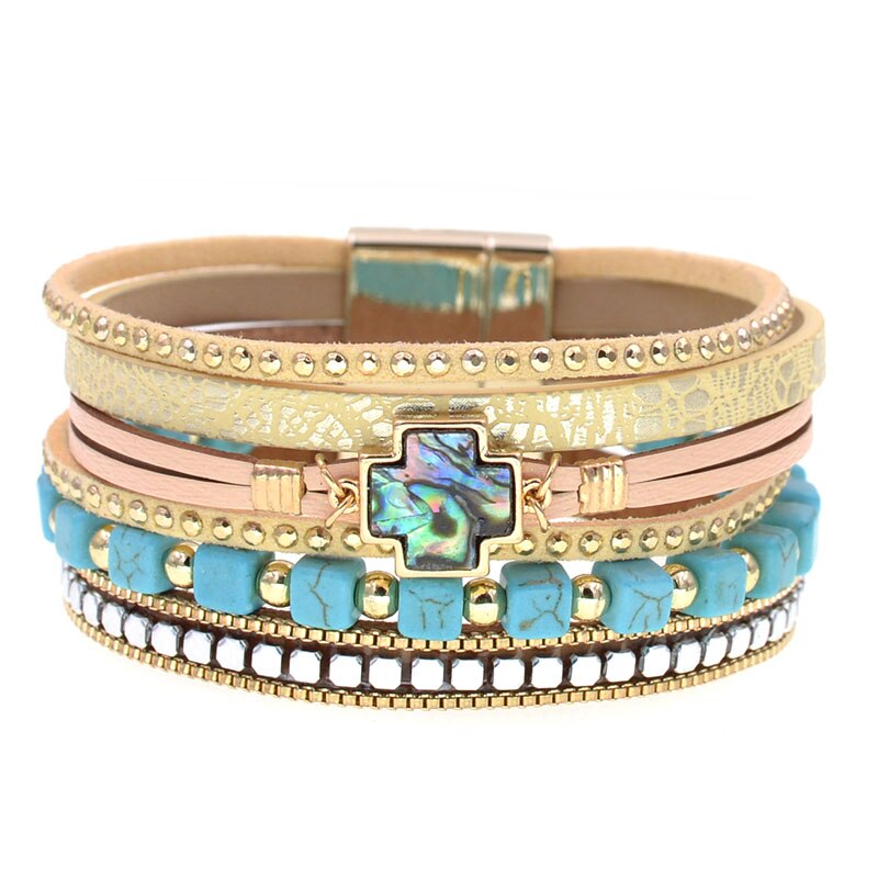 WELLMORE böhmen kreuz armbänder für frauen stein perlen wickeln armbänder leder Armbänder &Ampere; Armreifen Weiblichen Schmuck: 17cm / Beige