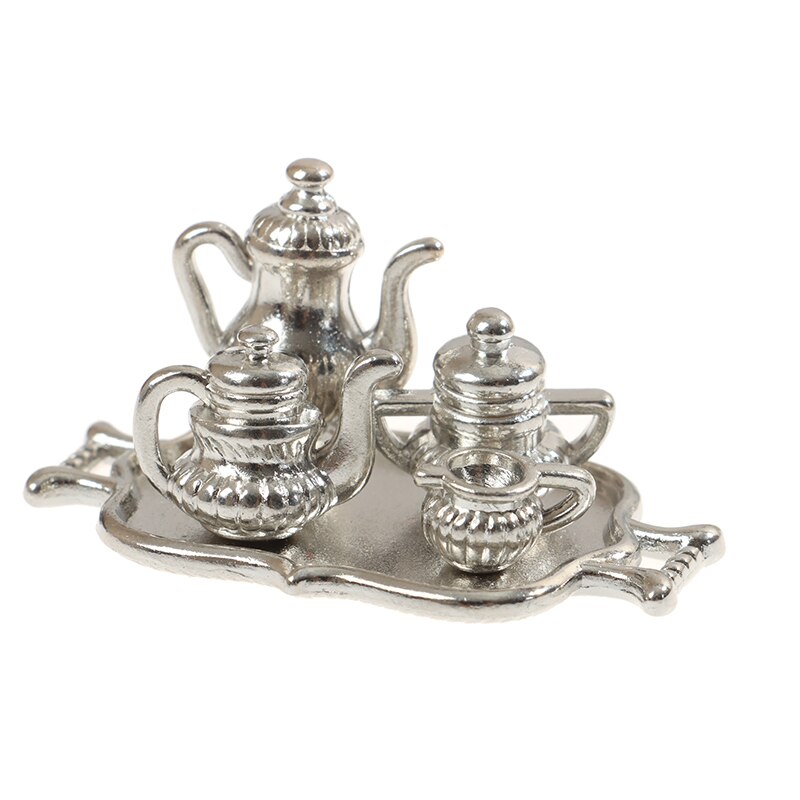 5pcs/Set Dollhouse Miniature Silver Metal Kitchen Coffee Tea Set Pot Flagon Plate Doll House Decor Accessories Ornaments