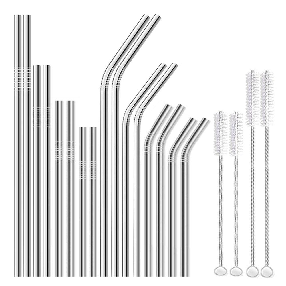 Pajitas reutilizables de acero inoxidable para beber, juego de pajitas largas y cortas de Metal con 4 cepillos para Bar, , artículos para beber para niños, 4 tamaños: 16Pcs Mixed