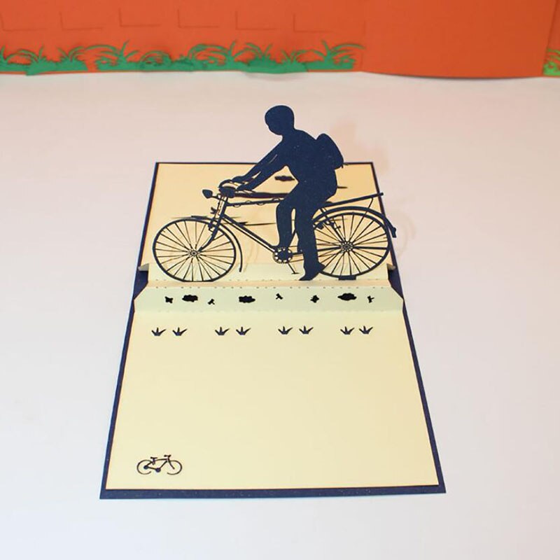 Meilleure papier pour bricolage coupe Pop Up carte de voeux de vélo 3D à la main équitation un vélo fête des pères cartes avec enveloppe