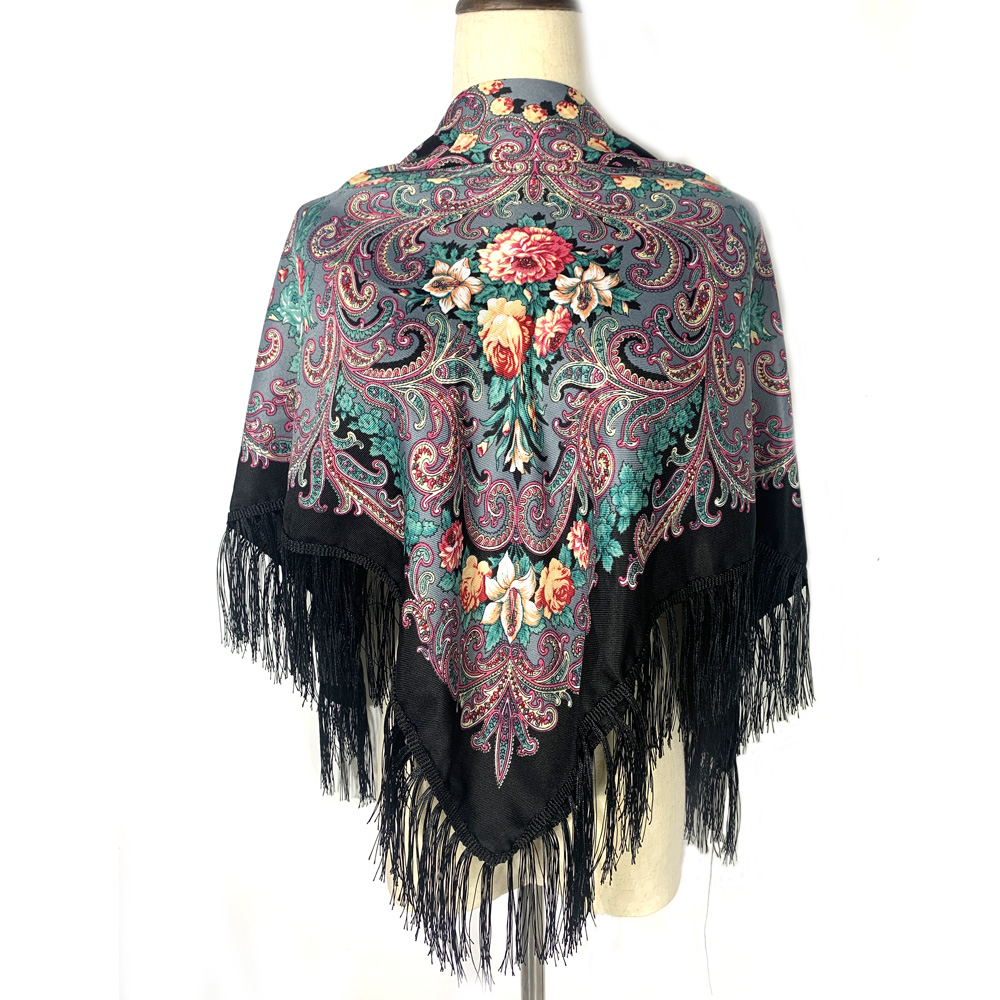 Bufanda rusa de 115x115cm para mujer, Bandana cuadrada con estampado Floral de lujo, chal con flecos ucranianos, pañuelo Babushka, envolturas para la cabeza: Negro