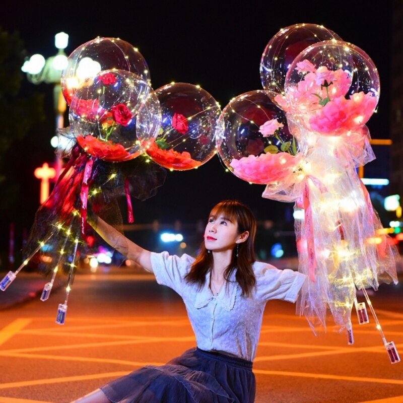 Diy Led Light with Rose Flower Balloons Valentine's Day Decoration Transparent Balls Wedding Led Luminous Balloon Rose Bouquet