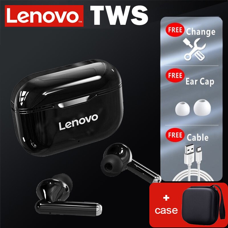 Lenovo LP1 TWS Earphone Bluetooth 5.0 Wireless Headset Waterproof Sport Earbud Noise Cancelling Headphones Dual Stereo HIFI Bass: all black with case