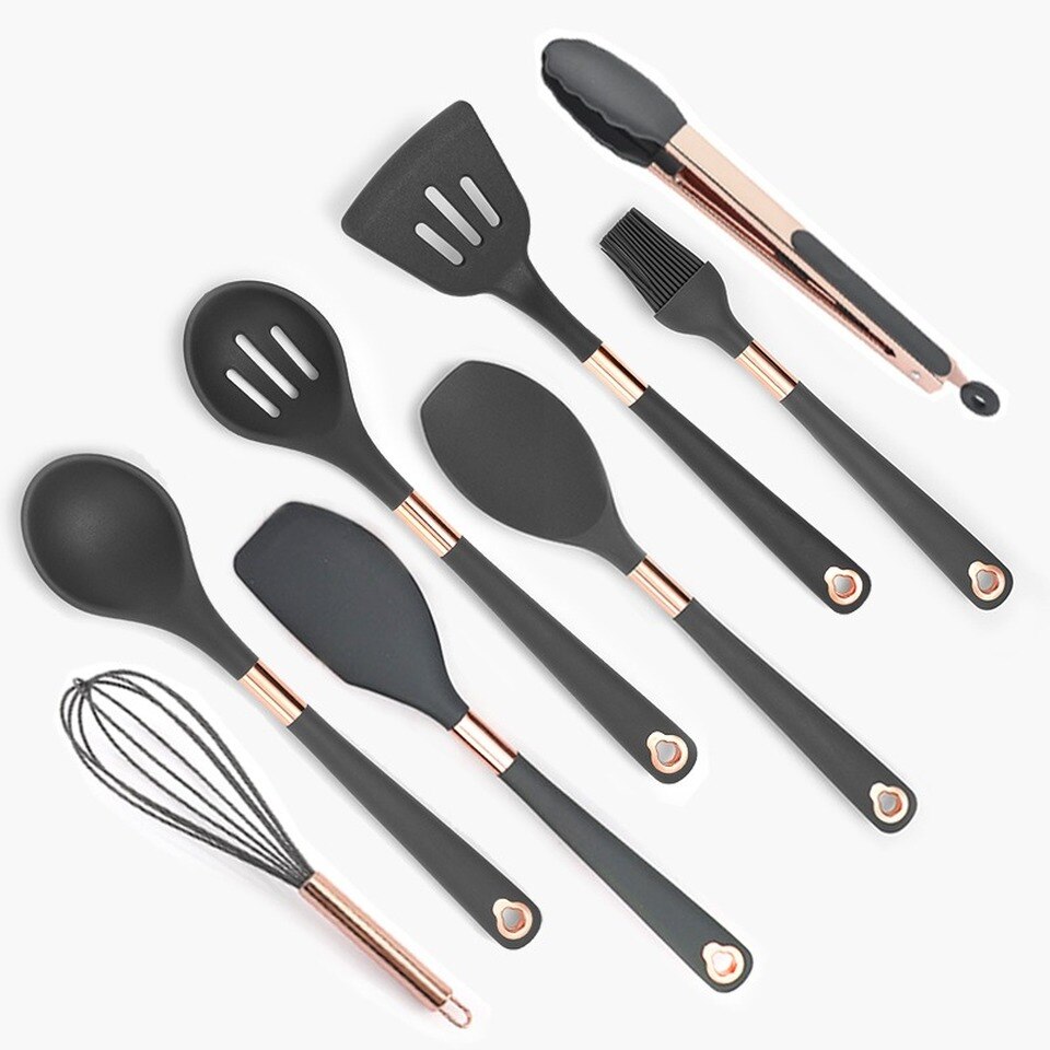Silicone Kitchenware Set Cooking Tools Rose Gold-plated Simple Hanging Hole Easy To Store Kitchen Utensils Accessories Non-Stick: 8 PCS